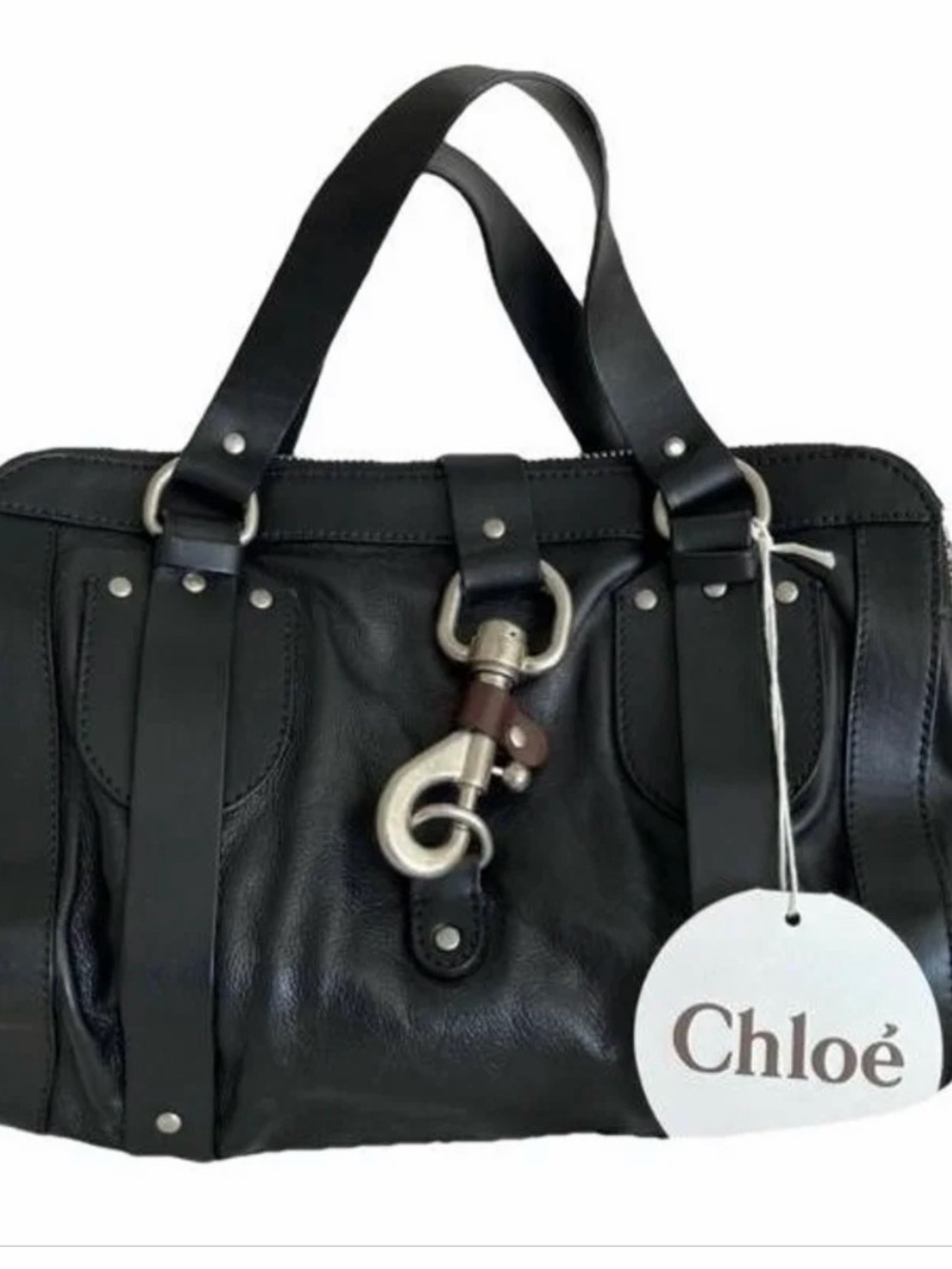 ChloΓ© Black Leather Satchel with Signature Clip